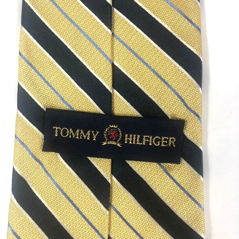 Tommy Hilfiger Vintage 100% Silk Tie Gold & Navy Blue Stripe Made in USA